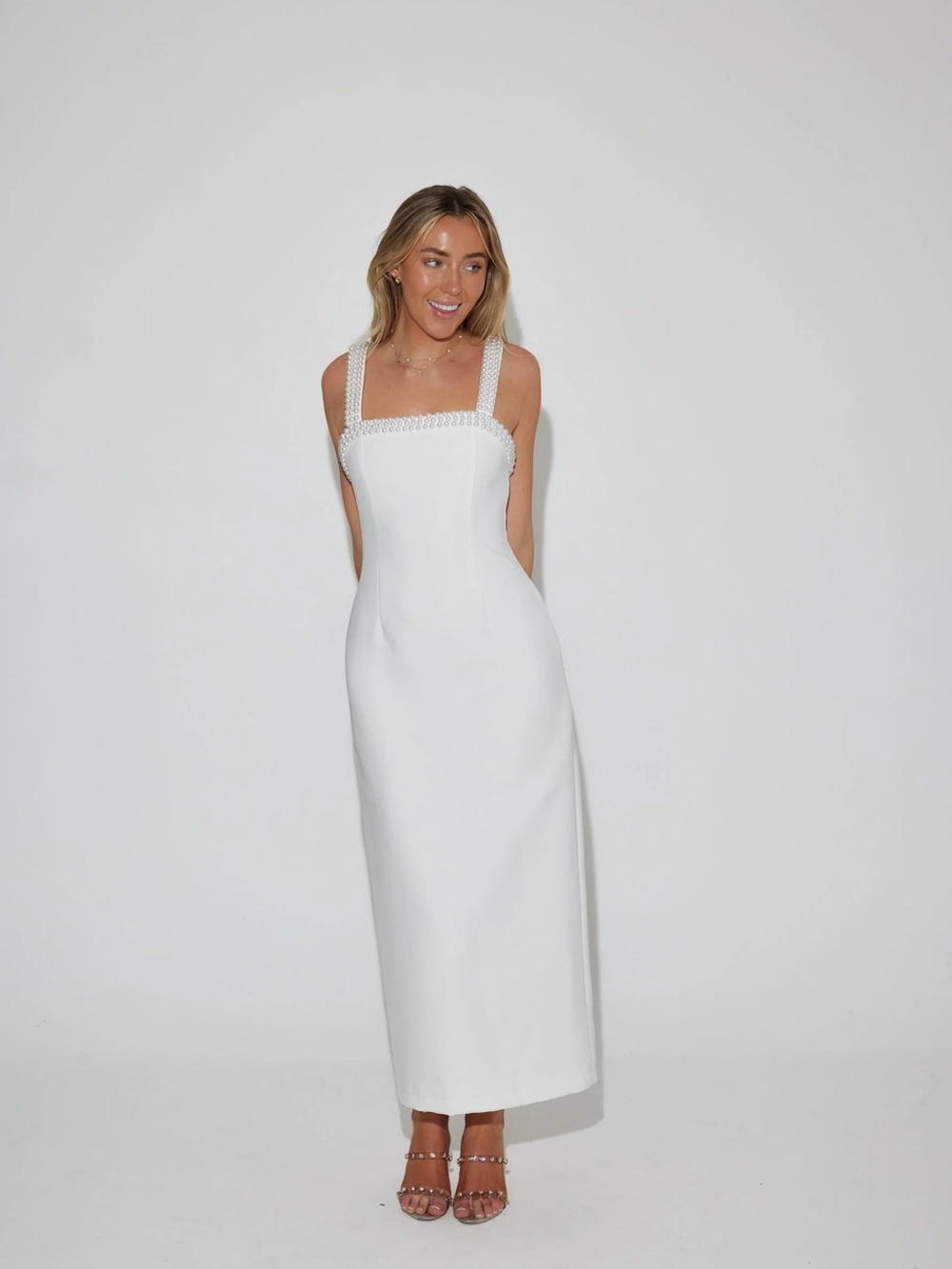 White Midi Column Dress with Beaded Straps